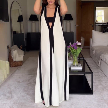 Women's Summer Sexy V-Neck Wide Shoulder Collsion Casual Dress